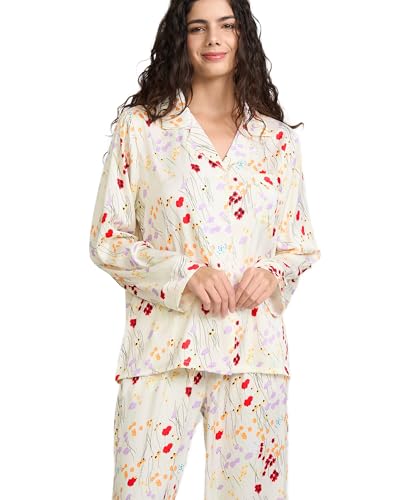 Image of YiNi LuLu Womens Silk Satin Pajamas Set Button Down 2 Piece Pjs Long Sleeve Oversized Sleepwear with Pockets