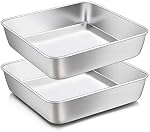 8 x 8-Inch Baking Pan, E-far Square Cake Brownie Baking Pans Stainless Steel Bakeware Set of 2, Fits in Small Toaster Oven, Non-toxic & Dishwasher Safe