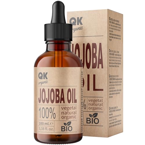 QKnatur - Aceite de JOJOBA 100% Puro Orgánico Vegano - 100 ml - para Cuerpo, Rostro, Cabello, Uñas, Barba - Antiarrugas y Antiacné- BIO - Prensado en Frío