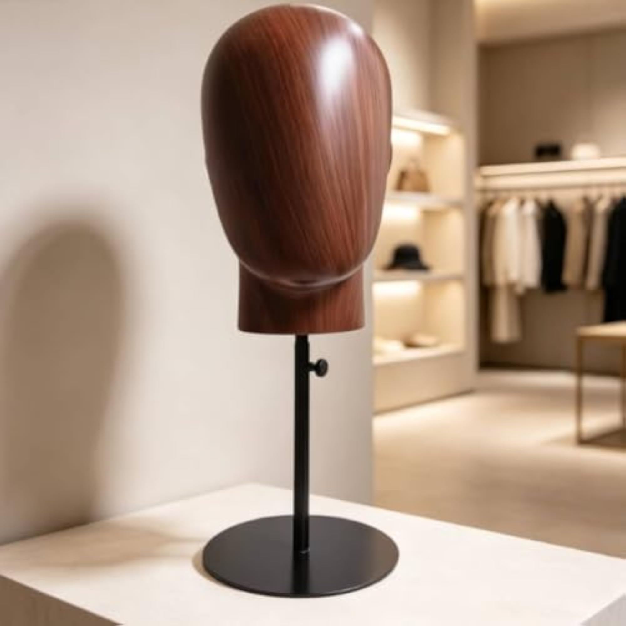 Wood-Grain Freestanding Hairpiece Display Stand, Adjustable