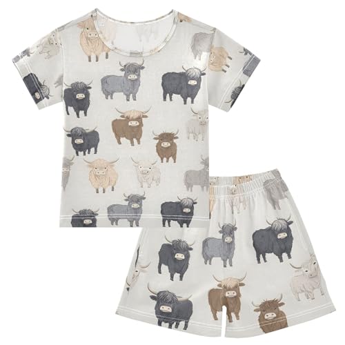 ALAZA Highland Cow Cartoon Funny Pajamas Set Short Sleeve Cotton Sleepwear Summer Pjs 2 Piece 5-14Y