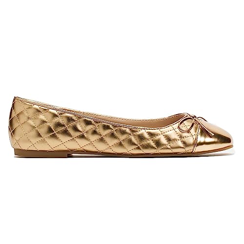 MOOMMO Women Cap Toe Flats Bow Slip On Ballet Flats Comfort Quilted Metallic Flat Shoes Round Toe Flat Heel Dress Shoes Office Ladies Party Chic Driver Flats Cute Quilted Gold Size 7.5 M US4