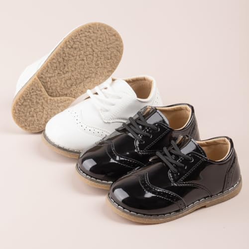 Image of Meckior Toddler Boys Girls Dress Shoes Little Kid Oxford Shoes Wedding Church Dress Shoes PU Leather Lace Up School Uniform Loafer Flats