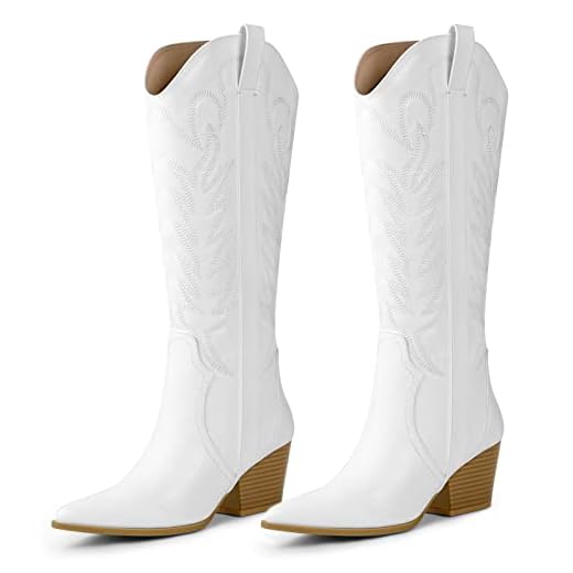 Arromic White Cowgirl Boots for Women, Western Cowboy Boots for Women Knee High Tall Embroidered Pointed Toe Pull On Zipper Stitching Chunky Heel Fashion Boots