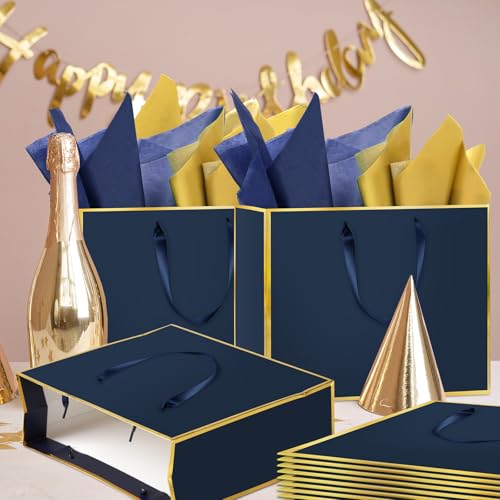 Epoesch 12 Pack Navy Blue Gift Bags with Handles – Includes 24 Tissue Paper – 11.8\"x10\"x4\" – Elegant 5 Senses Gift Bags for Wedding, Bridesmaids, Groomsmen, Guests, Valentine\'s Day, Easter (Navy Blue, Gold) - Thumbnail 5