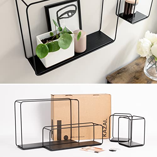 Kazai. Wall Shelves -Jona- | 4-Part Shelving Unit Made Of Metal And Real Wood Veneer | Wall Decor, Storage And Book Shelf For Bathroom, Living Room, Kitchen, Bedroom And More | Oak, Black #TOP5