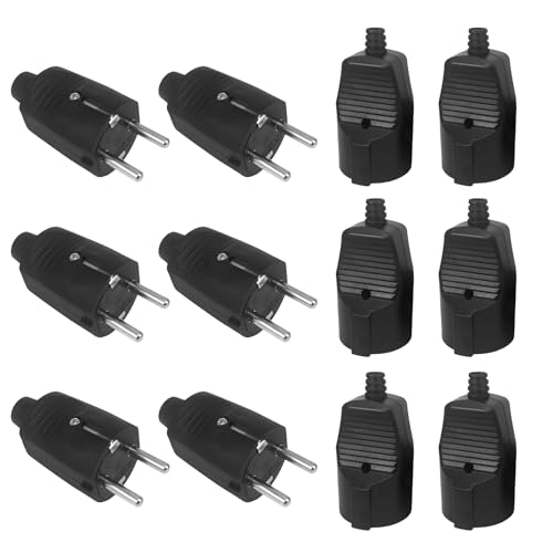 6 Paar Schuko Stecker Kupplung: WIYETY Schuko Stecker Aussenbereich Rundstecke 16A mit Knickschutz, Verbindung Schukostecker Kupplung 250V, Schutzkontakt Stecker IP44 für Außenbereich (Schwarz)