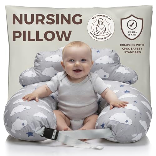 Nursing Pillow – Breastfeeding Pillows with Security Fence for Enhanced Support & Comfort – Removable Cotton Cover, Adjustable Waist Strap, Newborn Essentials Must Haves Baby Registry Search