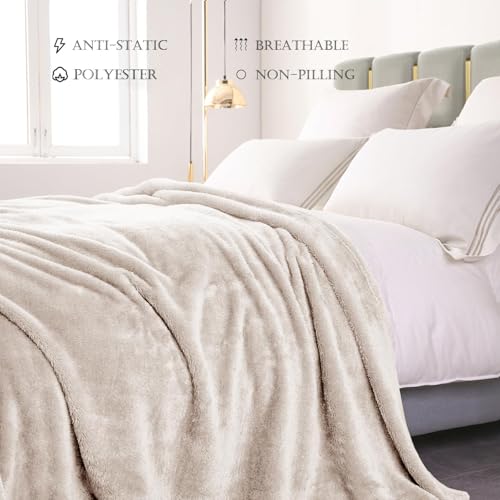 Image of Exclusivo Mezcla Plush Fuzzy Fleece Bed Blanket Queen Size, Super Soft, Fluffy and Warm Blankets for Couch, Bed, All Season (Beige, 90x90 inches)