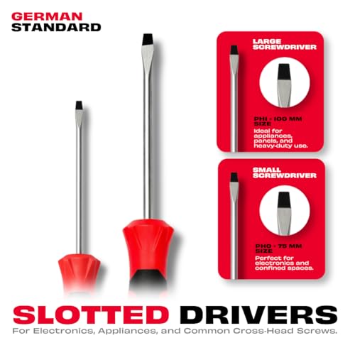 Image of JPT Screwdriver Set 4 PCS Cr-V Steel with Magnetized Tip - 2 Flat (75mm & 100mm) + PH1 & PH2 Phillips | Heavy Duty Hand Screwdriver Set for Electrical, Repair & Home Use