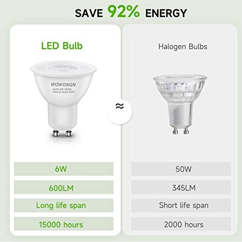 WOWDSGN GU10 LED Bulbs, Warm White 3000K, 6W 600LM, 50W Halogen Spotlight Bulb Equivalent, Energy Saving GU10 LED Light Bulbs, 38° Beam Angle, AC 220-245V, Non-dimmable, Pack of 10