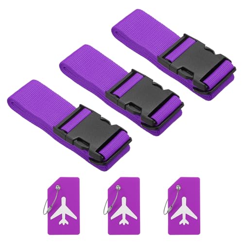Image of PATIKIL Luggage Strap with Luggage Tag and Loop 78 inchx2 inch, 3 Set Adjustable Suitcase Belt for Travel Packing Bag Closure Identify, Purple