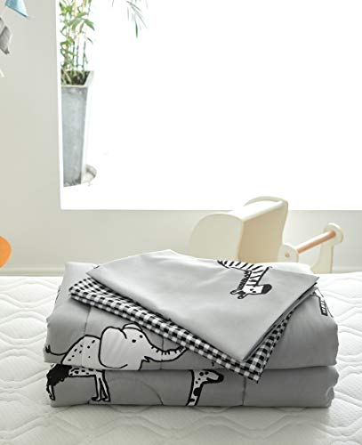 Image of Flysheep 4 Piece Gray Grey Toddler Bedding Set with Multi Animals Printed for Baby Boys - Includes Quilted Comforter, Flat Sheet, Fitted Sheet & Pillow Case, Soft & Comfortable Microfiber