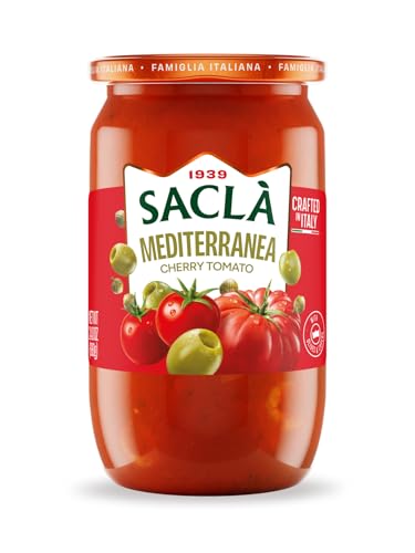 SACLA Mediterranean Puttanesca Cherry Tomato Pasta Sauce with No Added Sugar | 100% Italian Grown Tomatoes with Olives, Capers & Garlic | 24 oz Glass Jar | Imported from Italy | Non-GMO Authentic Italian Sauce