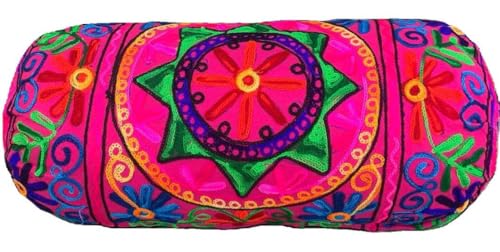 Nackenrolle Boho-Kissenbezug aus Baumwolle, 46 x 18 cm, rund, zylindrisch, für Yoga, Meditation, Reisen, Bodenkissen, bestickt, Rücken-Nacken-Mutterschaftskissenbezug [Nur Abdeckung] (Rose)