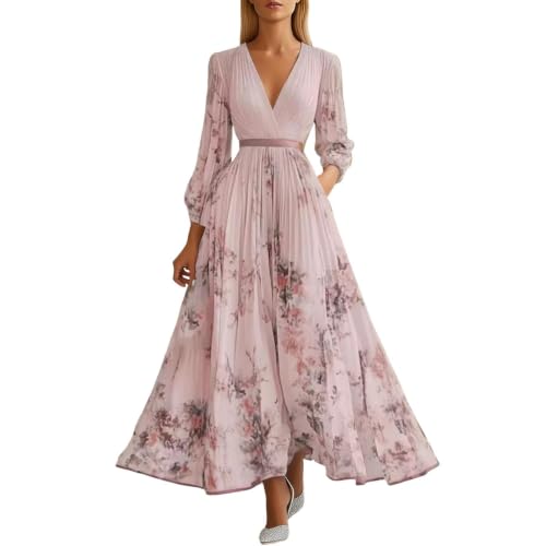 Robe longue chic col V fluide camouflant les bras pour invitée de mariage