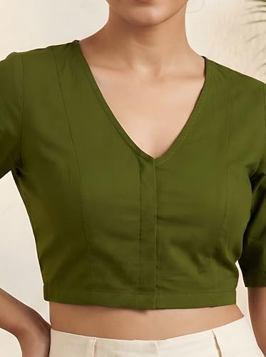 Image of Yash Gallery Women's Stretchable Rayon Lycra V-Neck Short Sleeve Front Open with Hook Stylish Crop Blouse Top for Ethnic Beige Designer Festive Choli Blouse