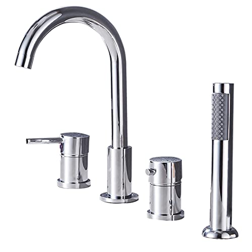 Grifo mezclador de baño de 4 orificios con juego de cabezal de ducha y caño curvo