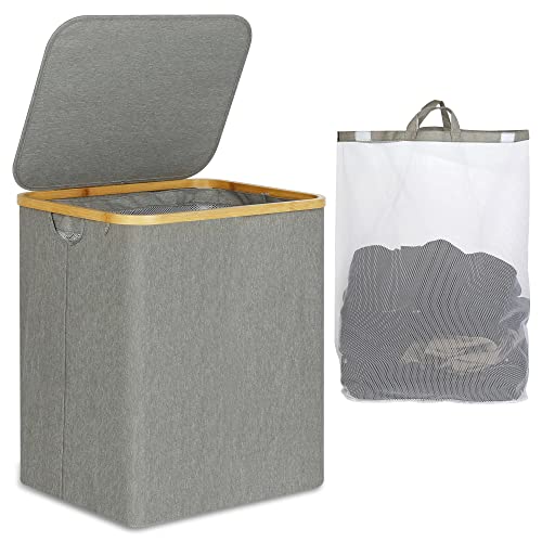 efluky Laundry Hamper with Lid, Dirty Clothes Hamper with Inner Bag for Bedroom and Bathroom, Collapsible Laundry Hamper with Bamboo Handles for Clothes and Towels, 80L Grey