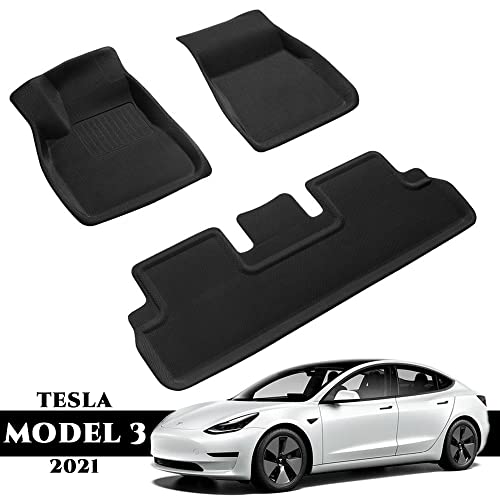 Hansshow Tesla Model 3 Floor Mats Interior Accessories Non-Slip and Waterproof Customized Full-Cover Floor Mat, Black TPE 1st & 2nd Row All-Weather Protection (2021-2022)