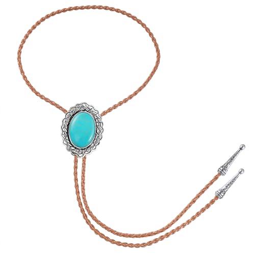 Image of Jeilwiy Bolo Tie for Men Real Stone Westwern Cowboy Ties Silver Bolos Women Leather Necktie Gift for Birthday Christmas