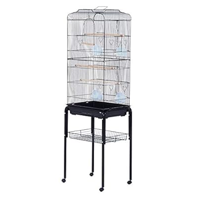 Pawhut Large Metal Bird Cage with Breeding Stand Feeding Tray Wheels for Parrot Parakeet Macaw Pet Supply, Black, 47.5 L x 37 W x 160 H (cm)