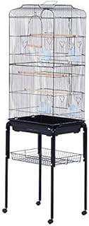 Pawhut Large Metal Bird Cage with Breeding Stand Feeding Tray Wheels for Parrot Parakeet Macaw Pet Supply, Black, 47.5 L x 37 W x 160 H (cm)
