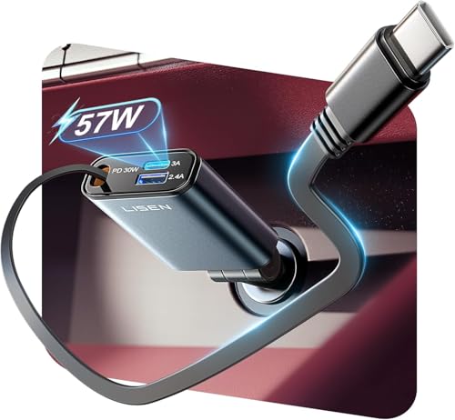 LISEN Chargeur Voiture Allume Cigare USB C,Chargeur 3-en-1 57W avec Câble Rétractable, Accessoire Voiture Interieur Cabriolet pour iPhone 17 16 15 Air Pro...