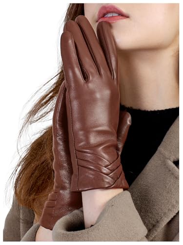 GSG SINCE 1998 Womens Touchscreen Genuine Leather Gloves Chrome-Free Sheepskin Wool Lined Warm Winter Driving Gloves Brown Large