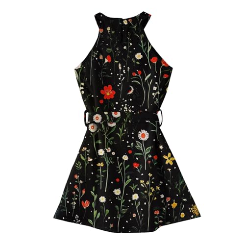 Girls Summer Dress Floral Sleeveless with Belt Lightweight Casual Sundress Party Beach Outings2