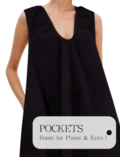 Image of Women's Summer Babydoll Dress Scoop Neck Bubble Mini Dress with Pockets Sleeveless Flowy Tank Preppy Dresses Party