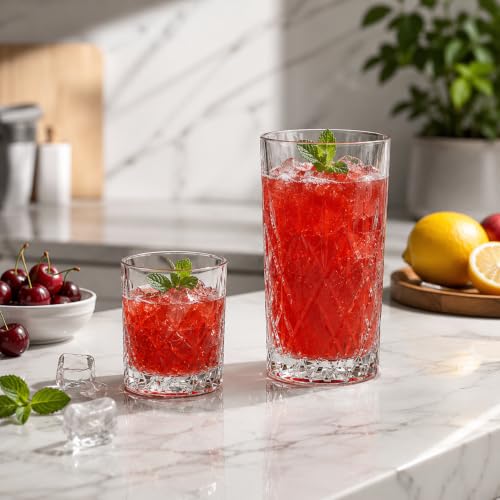 Image of bellemax 320ML & 210ML Checks and Leaf Design Water & Juice Glasses | Premium Drinking Glasses Combo for Home, Kitchen, Dining, Parties & Restaurants | Glass Tumbler Set Set of 12