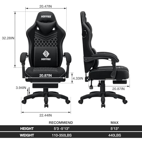 HOFFREE Gaming Chair Computer Chair Fabric with Bluetooth Speakers Massage Game Chair with Footrest Ergonomic High Back Gamer Chair with Lumbar Support Reclining Gaming Chairs for Adults Black Fabric HOGC-FAB502 の商品画像 2