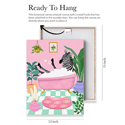 Zebra Pink Bath Plants Canvas Poster Painting Bathroom Wall Art, Zebra Picture Artwork Framed Print Ready To Hang For Home Wall Decor 12 X 15 Inch #TOP1