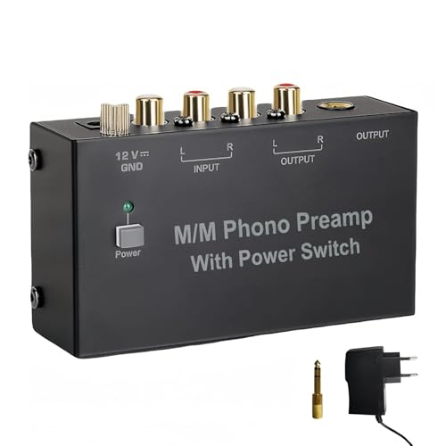 AIFIZO Phono preamplificatore giradischi, giradischi, colore nero, amplificatore stereo con livello, ingresso e uscita RCA, preamplificatore Phono con alimentatore DC 12 V