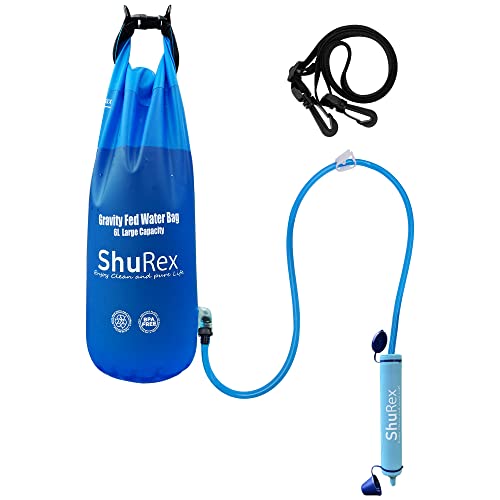 ShuRex Gravity Fed Water Filtration System with Adjustable Tree Strap, 6L Large Gravity Bag with Filter Straw, Water Purifier Survival for Travel, Backpacking, and Emergency Preparedness (6L)