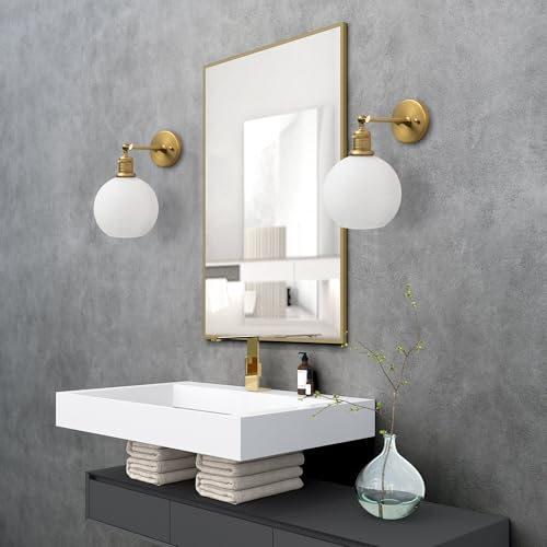 Image of Yosoan Brass Gold Wall Sconce with Ice Crackle Round Shade, 1-Light Antique Indoor Hardwired Vanity Lamp Wall Mount Vintage Industrial Light with Glass Shade for Bathroom Sink Kitchen Bedroom Hallway