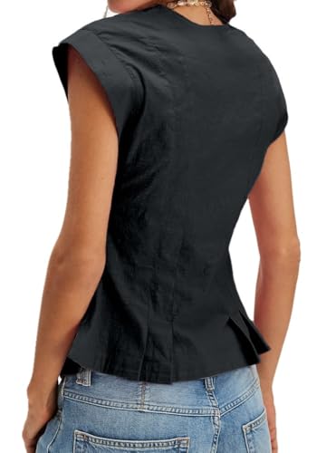 SurBepo Vest Tops for Women V-Neck Button Down Linen Blazer Cap Sleeve Fitted Waistcoat Work Casual Dressy Clothes2