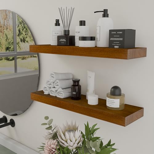 Image of IAE Walnut Floating Wall Shelves 24 inch, Bathroom Shelf Wall Mounted,Invisible Shelf Floating Kitchen Shelves,Wooden Wall Shelving with Brackets for Living Room Wall Mounted,Easy Install,Set of 2