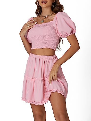 LYANER Women's Two Pieces Outfits Frill Smock Square Neck Top and Skirts Suit Sets4