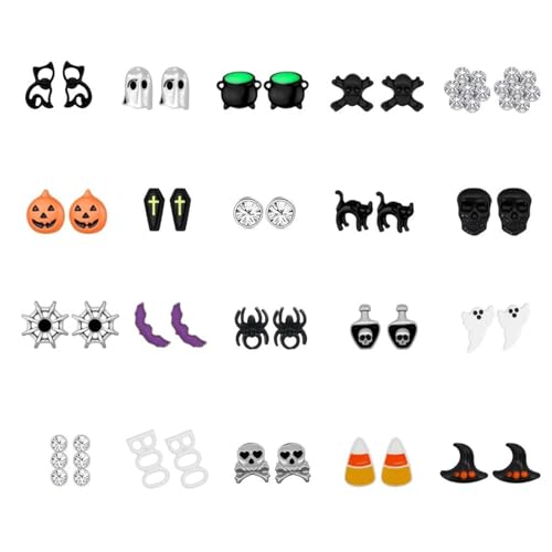 20 Pairs Halloween Stud Earrings Set Hypoallergenic Pumpkin Ghost Skeleton Spooky Jewelry Pack for Sensitive Ears - Spooky Stud Earrings for Women