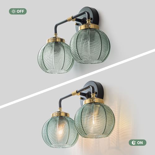 Image of Mid Century Wall Sconce Set of 2 Vintage Black Bathroom Vanity Light Globe Wall Sconces Green Glass Wall Light Art Deco Vintage Bathroom Lights Over Mirror for Bedroom Hallway Living Room