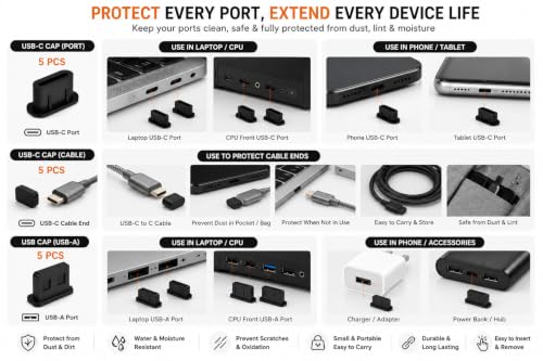 Image of Vishw Enterprise USB Dust Protection Caps Set 15 Pack, USB-C & USB-A Port Covers, Black