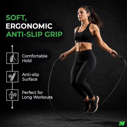 Image of Skipping Rope with Ball Bearing for Men, Women & Kids | 300 cm Jump Rope with Smooth Rotation & Comfortable Grip | 270 cm Effective Rope Length | Fitness, Cardio, Exercise & Workout Rope- Black (Black)