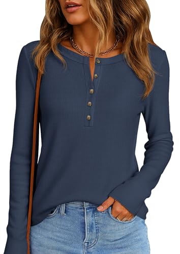 Image of PRETTYGARDEN Women's Long Sleeve Waffle Knit Henley Shirts Loose Tunic Tops