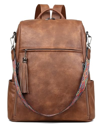 FADEON Leather Laptop Backpack for Women Designer 15.6 inch PU Laptop Bag, Ladies Travel Computer Work Backpack Brown