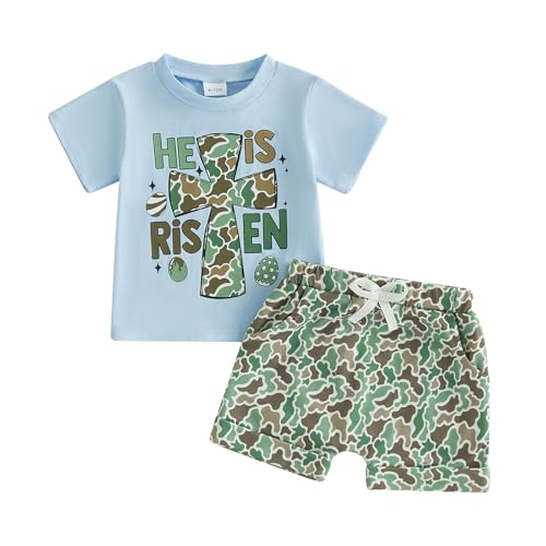 Image of Toddler Boy Easter Outfit Letter Cross Short Sleeve T Shirt Camouflage Shorts Set 2T 3T 4T 5T Summer Outfits