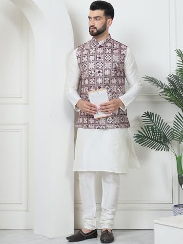 Image of SOJANYA (Since 1958 Men's Silk Blend Kurta Pyjama with Embroidered Nehru Jacket