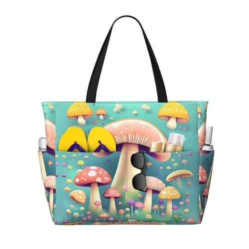 Pretty little mushrooms Printed beach travel bag, perfect for shopping bags, swimming pools, gyms, travel shopping, large capacity beach bag with zipper,