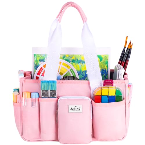 Image of JJRING Foldable Craft Organizer Tote with Zipper & Divider, Pink | Portable Art Storage Caddy Bag For Scrapbooking, Sewing, Artist & Home